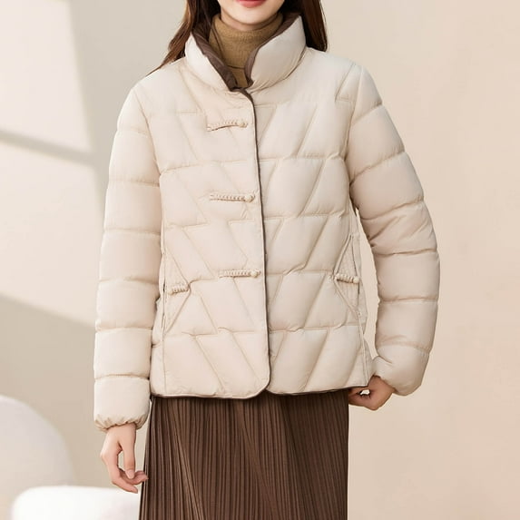 Womens Quilted Jackets Stand Collar Button Down Long Sleeve Dressy Puffer Jacket with Pockets Solid Color Thermal Lightweight Fashion Short Coats 2025 Winter Warm Coat