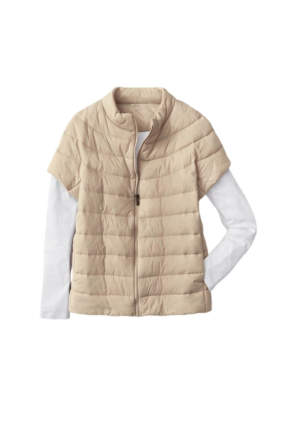 Womens Quilted Jackets without Hood Cap Short Sleeve Light Warm Zip Up Puffer Coat Fall Winter Vest Outerwear (L, Khaki)