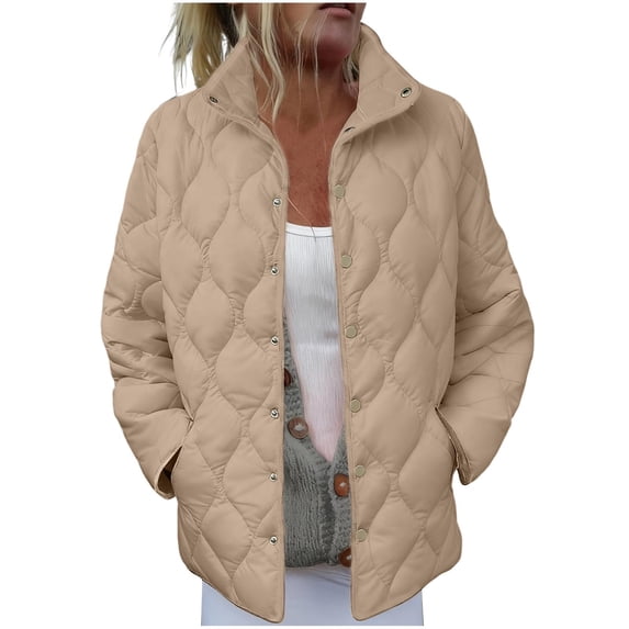Womens Quilted Lightweight Jacket Button Down Stand Collar Puffer Jacket Coats Padded Outwear with Pockets