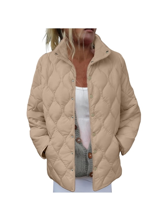 Womens Quilted Lightweight Jacket Button Down Stand Collar Puffer Jacket Coats Padded Outwear with Pockets