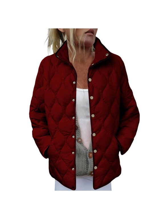 Womens Quilted Lightweight Jacket Button Down Stand Collar Puffer Jacket Coats Padded Outwear with Pockets