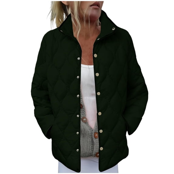 Womens Quilted Lightweight Jacket Button Down Stand Collar Puffer Jacket Coats Padded Outwear with Pockets