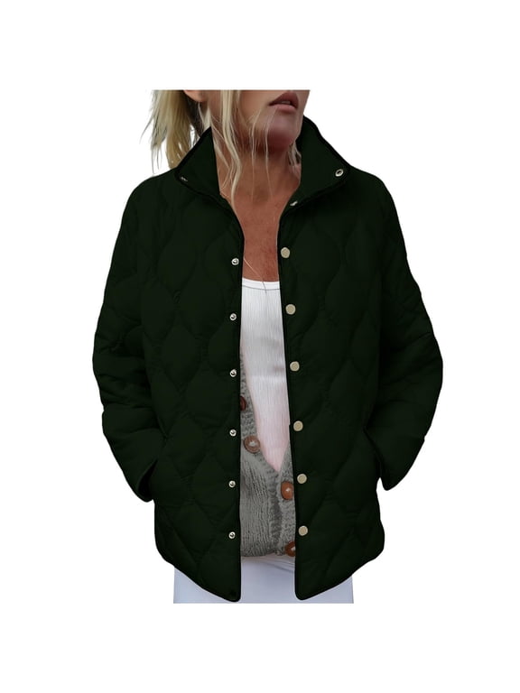 Womens Quilted Lightweight Jacket Button Down Stand Collar Puffer Jacket Coats Padded Outwear with Pockets