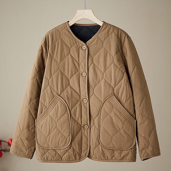 Womens Quilted Lightweight Jackets Button down Puffer Coats Casual Loose Padded Outwear with Pockets New Light Jackets for Women Khaki L