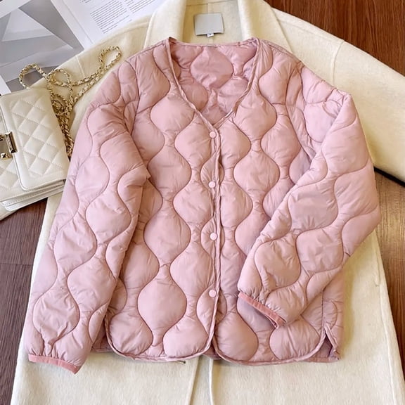 Womens Quilted Lightweight Jackets Warm Fall Winter Coats Long Sleeve Casual Button down Puffer Outerwear New Light Jackets for Women Dressy Pinky L