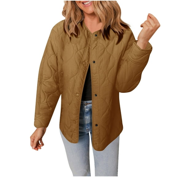 Womens Quilted Lightweight Jackets for Fall Winter Warm Long Sleeve Button Down Puffer Jacket Coats with Pockets (Coffee 2XL)
