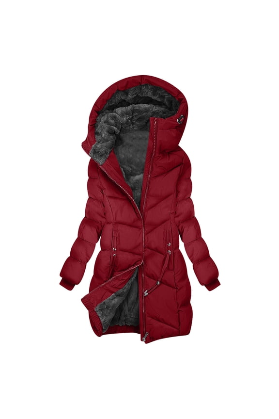 Womens Quilted Long Puffer Jackets Sherpa Lined Winter Thick Warm Down Hooded Coat Parkas with Zipper Pockets (S, Red)