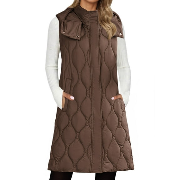 Womens Quilted Long Puffer Vest Jacket Sleeveless Winter Down Coats Waistcoat Long Vest Women Sleeveless Hooded Fall Winter Button Down Zip UpVests Jacket Outwear A#042_Coffee 3XL