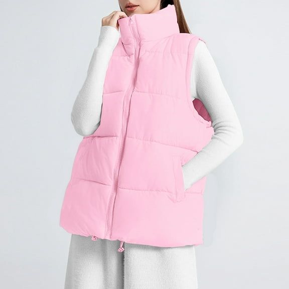 Womens Quilted Long Puffer Vest Jacket Sleeveless Winter Down Coats Waistcoat Women's Cardigan Sweaters Long Sleeve Casual Lightweight Button Down V-Neck Fall Clothes A#171_Pink XL