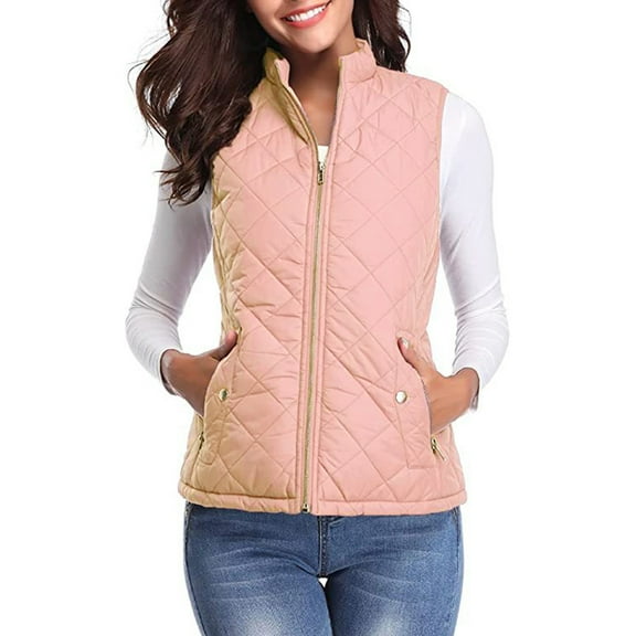 Womens Quilted Long Puffer Vest Jacket Sleeveless Winter Down Coats Waistcoat Women's Fashion Casual Solid Color Stand Collar Zipper Pocket Warm Cotton Vest Coat B#012_Pink XL