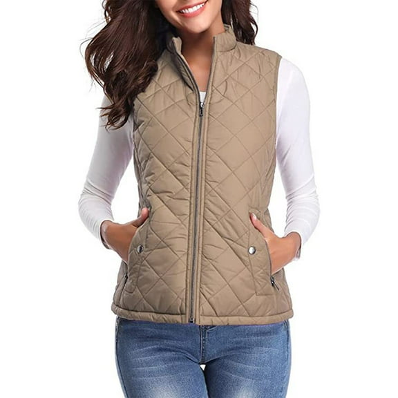 Womens Quilted Long Puffer Vest Jacket Sleeveless Winter Down Coats Waistcoat Women's Fashion Casual Solid Color Stand Collar Zipper Pocket Warm Cotton Vest Coat B#008_Khaki XL