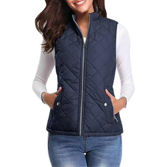 Womens Quilted Long Puffer Vest Jacket Sleeveless Winter Down Coats Waistcoat Women's Fashion Casual Solid Color Stand Collar Zipper Pocket Warm Cotton Vest Coat B#010_Navy M