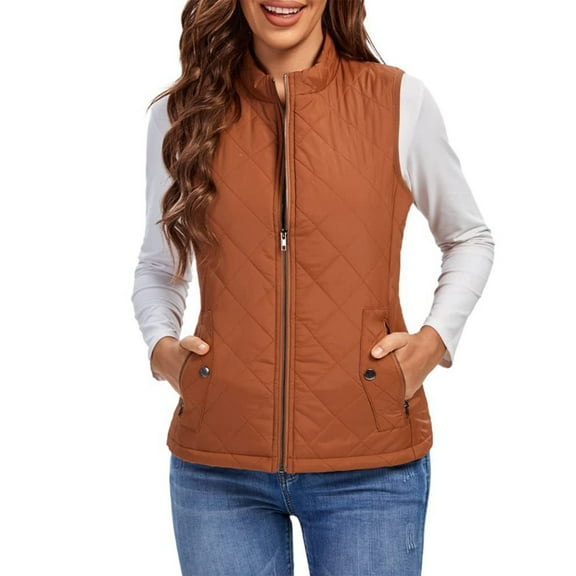 Womens Quilted Long Puffer Vest Jacket Sleeveless Winter Down Coats Waistcoat Women's Fashion Casual Solid Color Stand Collar Zipper Pocket Warm Cotton Vest Coat B#011_Orange XL
