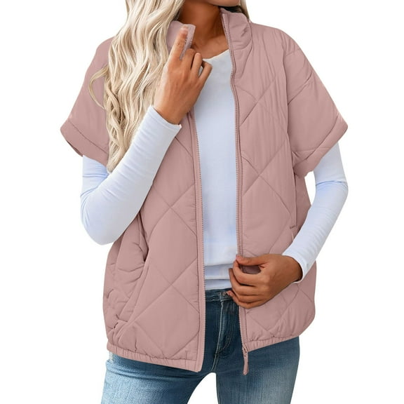 Womens Quilted Long Puffer Vest Jacket Sleeveless Winter Down Coats Waistcoat Women's Fashion Light Jacket Stand Collar Multicolor Zipper Button Coat B#093_Pink S