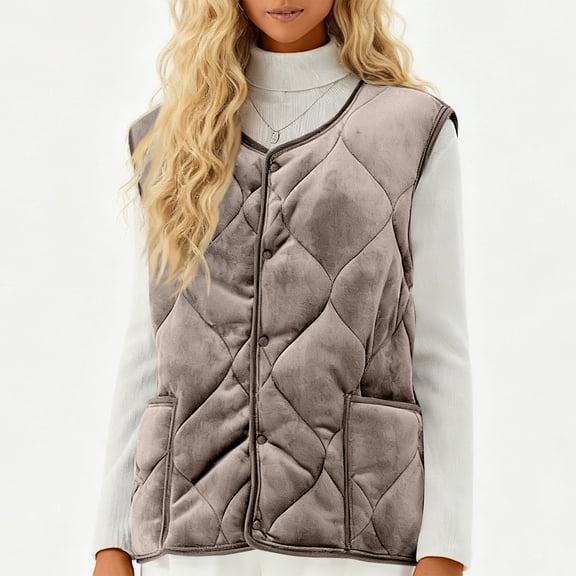 Womens Quilted Long Puffer Vest Jacket Sleeveless Winter Down Coats Waistcoat Women's Fashion Light Jacket Stand Collar Multicolor Zipper Button Coat B#127_Khaki 2XL