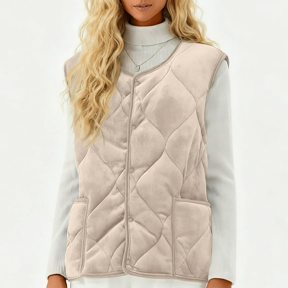 Womens Quilted Long Puffer Vest Jacket Sleeveless Winter Down Coats Waistcoat Women's Fashion Light Jacket Stand Collar Multicolor Zipper Button Coat B#124_Beige XL