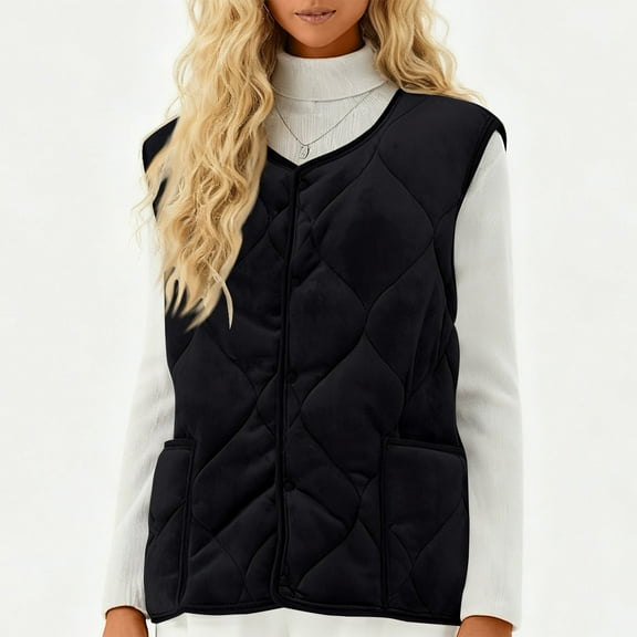 Womens Quilted Long Puffer Vest Jacket Sleeveless Winter Down Coats Waistcoat Women's Fashion Light Jacket Stand Collar Multicolor Zipper Button Coat B#125_Black XL