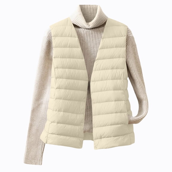 Womens Quilted Long Puffer Vest Jacket Sleeveless Winter Down Coats Waistcoat Women's Fashion Light Jacket Stand Collar Multicolor Zipper Button Coat A#136_Beige 2XL