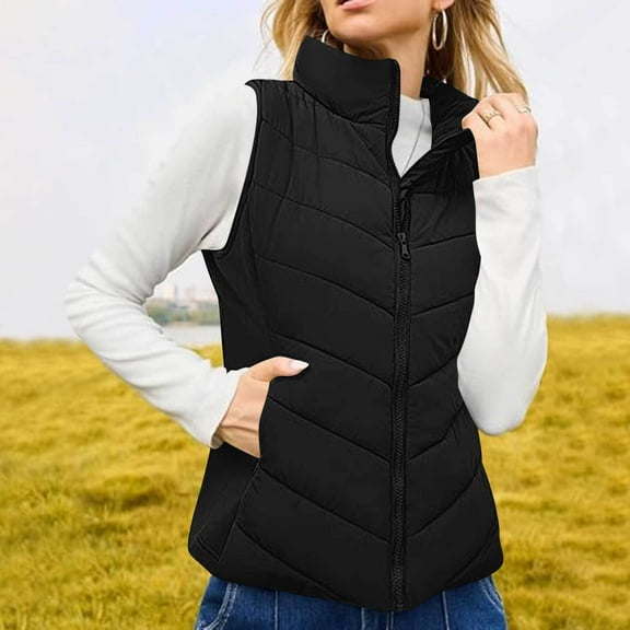 Womens Quilted Long Puffer Vest Jacket Sleeveless Winter Down Coats Waistcoat Women's Fashionable Solid Color Stand Up Collar Sleeveless Zipper Pocket Jacket Vest Jacket B#016_Black S