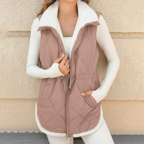 Womens Quilted Long Puffer Vest Jacket Sleeveless Winter Down Coats Waistcoat Women's Long Vest Plain Sleeveless Winter Vest Outwear Jacket Lightweight Warm Coat Outerwear A#056_Pink M