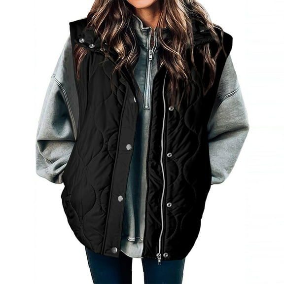 Womens Quilted Long Puffer Vest Jacket Sleeveless Winter Down Coats Waistcoat Women's Solid Color Fashionable Zipper Button Pocket Vest Jacket A#060_Black S