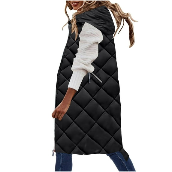 Womens Quilted Long Puffer Vest Jacket with Hood, Sleeveless Winter Down Coats Waistcoat Casual Warm Parkas Overcoat (3X-Large, Black 02)