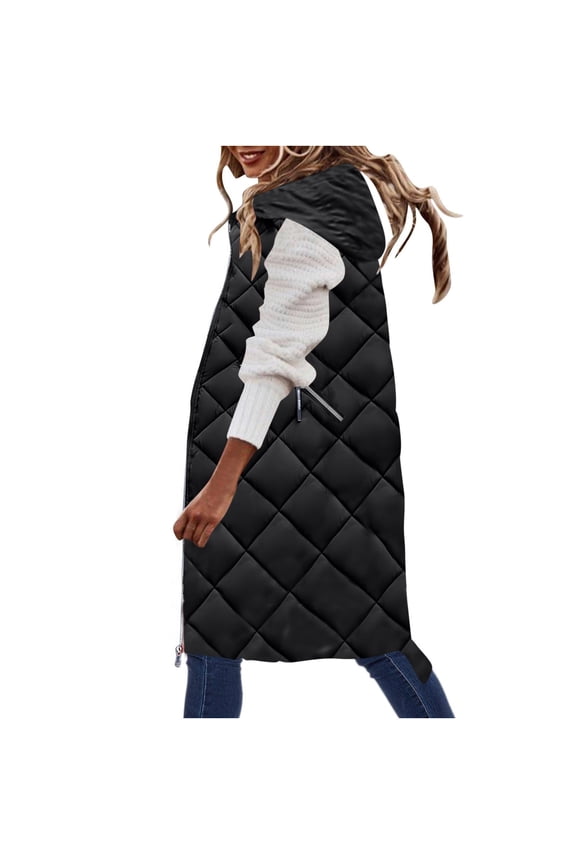 Womens Quilted Long Puffer Vest Jacket with Hood, Sleeveless Winter Down Coats Waistcoat Casual Warm Parkas Overcoat (3X-Large, Black 02)