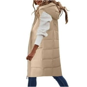 JEWELREAUTY Womens Quilted Long Puffer Vest Jacket with Hood, Sleeveless Winter Down Coats Waistcoat Casual Warm Parkas Overcoat (X-Large, Khaki 02)