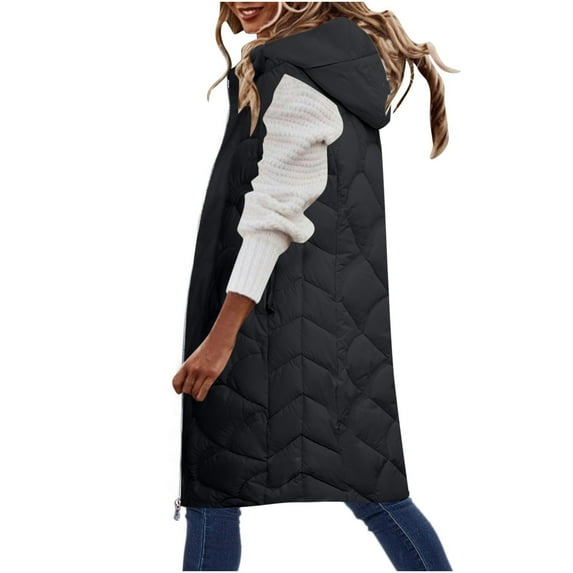 Womens Quilted Long Puffer Vest Jacket with Hood, Sleeveless Winter Down Coats Waistcoat Casual Warm Parkas Overcoat (XX-Large, Black 01)