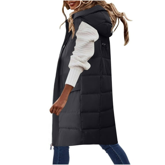 Womens Quilted Long Puffer Vest Jacket with Hood, Sleeveless Winter Down Coats Waistcoat Casual Warm Parkas Overcoat (XX-Large, Black 03)