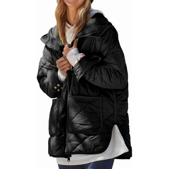 Womens Quilted Puffer Jacket Hooded Long Sleeve Zip Up Winter Coat Lightweight Warm Jackets with Pockets