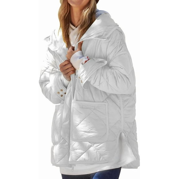Womens Quilted Puffer Jacket Hooded Long Sleeve Zip Up Winter Coat Lightweight Warm Jackets with Pockets