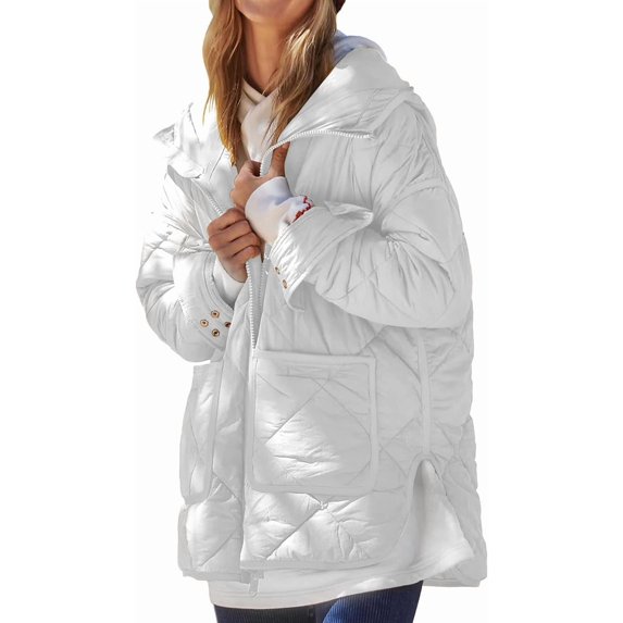 Womens Quilted Puffer Jacket Hooded Long Sleeve Zip Up Winter Coat Lightweight Warm Jackets with Pockets