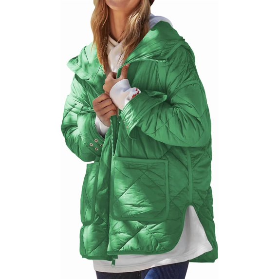 Womens Quilted Puffer Jacket Hooded Long Sleeve Zip Up Winter Coat Lightweight Warm Jackets with Pockets