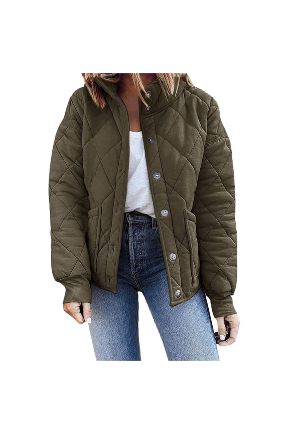 Womens Quilted Puffer Jackets Lightweight Stand Collar Button Down Bomber Jackets Casual Winter Short Padded Outwear with Pockets