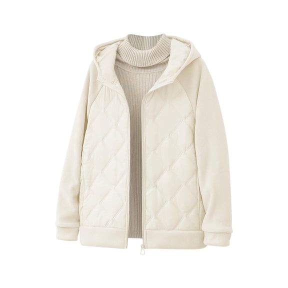 Womens Quilted Puffer Jackets Lightweight Winter Warm Hooded Textured Full Zip Sweatshirts Casual Athletic Outdoor Tops (L, Beige)