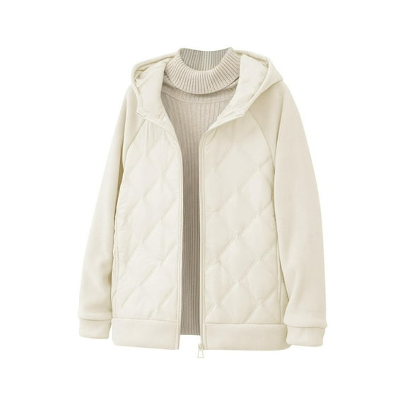 Womens Quilted Puffer Jackets Lightweight Winter Warm Hooded Textured Full Zip Sweatshirts Casual Athletic Outdoor Tops (L, Beige)