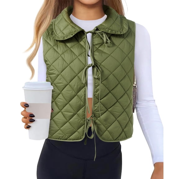 Womens Quilted Puffer Vest Tie Front Lightweight Sleeveless Outerwear Padded Gilet Jacket