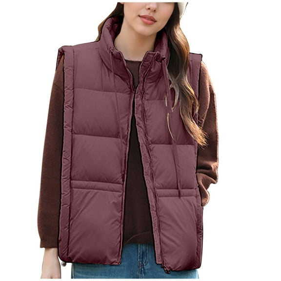 Womens Quilted Puffer Vest Zip up Stand Collar Sleeveless Padded Jacket Coat with Drawstring Red, M