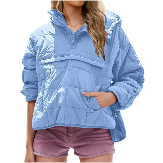 Womens Quilted Pullover Crop Dolman Hoodies Puffer Coat Fall Winter Cotton Padded Jacket Outerwear with Pocket (L, Blue)