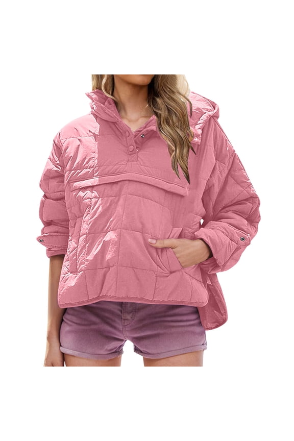 Womens Quilted Pullover Crop Dolman Hoodies Puffer Coat Fall Winter Cotton Padded Jacket Outerwear with Pocket (M, Pink)