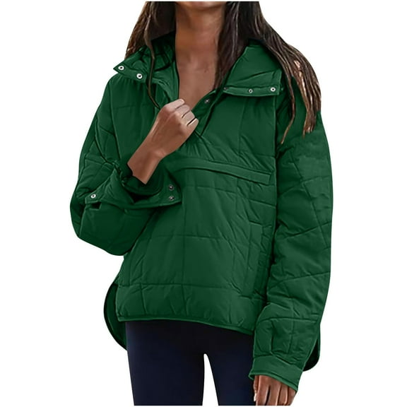 Womens Quilted Pullover Lightweight Puffer Jackets Snap Button Front Stand Collar Winter Down Coats Travel Casual Thicken Warm Fall Jackets