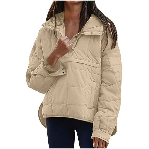 Womens Quilted Pullover Lightweight Puffer Jackets Snap Button Front Stand Collar Winter Down Coats Travel Casual Thicken Warm Fall Jackets