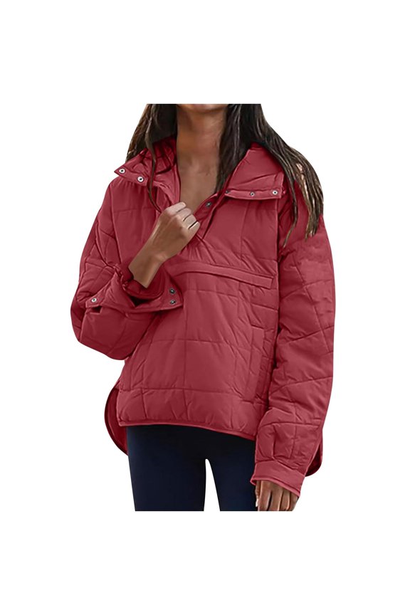 Womens Quilted Pullover Puffer Down Jacket Winter Warm Packable Lightweight Stand Collar Long Sleeve Coat with Pocket