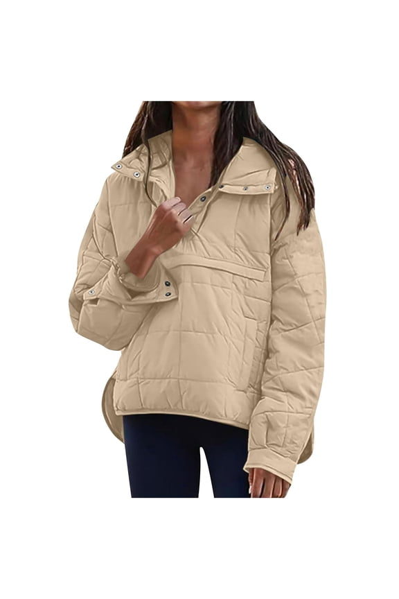 Womens Quilted Pullover Puffer Down Jacket Winter Warm Packable Lightweight Stand Collar Long Sleeve Coat with Pocket