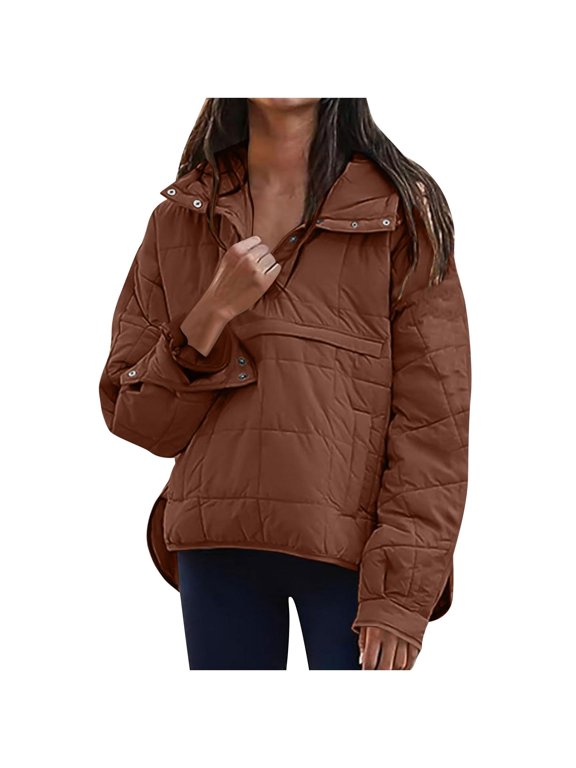 Womens Quilted Pullover Puffer Down Jacket Winter Warm Packable Lightweight Stand Collar Long Sleeve Coat with Pocket