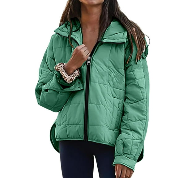 Womens Quilted Pullover Puffer Jacket Winter Warm Packable Lightweight Oversized Hooded Coats with Pocket New Light Weight Jackets Womens Casual Green XL