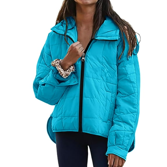 Womens Quilted Pullover Puffer Jacket Winter Warm Packable Lightweight Oversized Hooded Coats with Pocket New Jackets for Women Winter Blue L