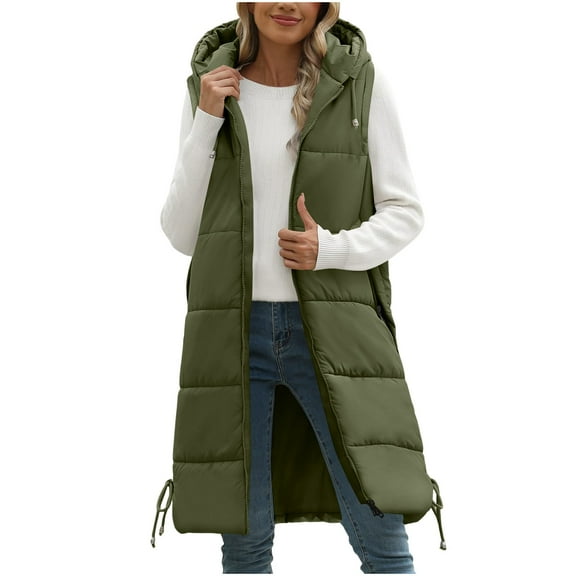 Womens Quilted Vest Casual Solid Coat Hooded Vest Puffer Sleveless Hoodies Zipper Pocket Loose Sleeveless Jacket Long Light Jackets Puffer Down Coat Thickened Winter Warm Jacket