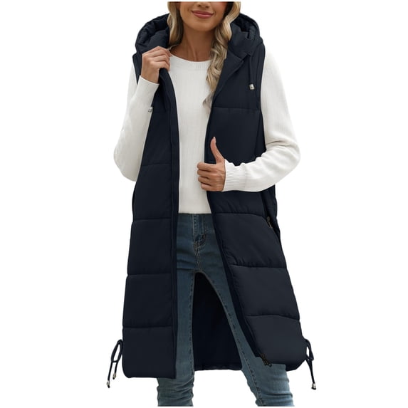 Womens Quilted Vest Casual Solid Coat Hooded Vest Puffer Sleveless Hoodies Zipper Pocket Loose Sleeveless Jacket Long Light Jackets Puffer Down Coat Thickened Winter Warm Jacket
